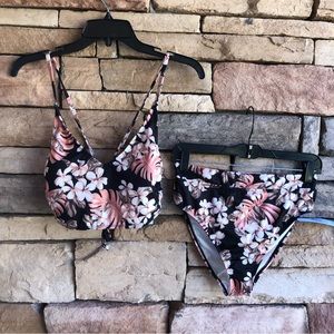 Hurley orange white black floral print tie bikini swimsuit NWT Women S & M